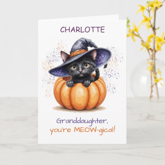 名前をカスタムする孫娘ハロウィーンかわいい猫 カード (黄色い花)