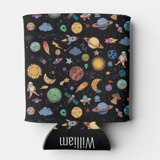 名前をカスタムする宇宙飛行士惑星宇宙 缶クーラー (裏面)