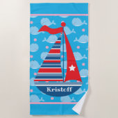 名前をカスタムする帆船キッズボーイ ビーチタオル (正面)