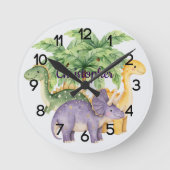 名前をカスタムする恐竜椰子の木子供部屋 ラウンド壁時計 (正面)