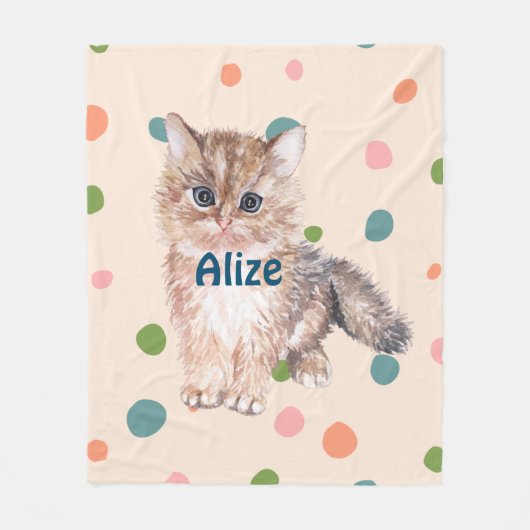 名前をカスタムする愛らしい可愛い子猫ドットピンク緑 フリースブランケット (正面)