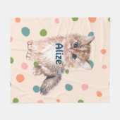 名前をカスタムする愛らしい可愛い子猫ドットピンク緑 フリースブランケット (正面(横))