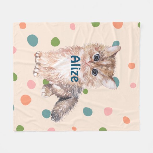名前をカスタムする愛らしい可愛い子猫ドットピンク緑 フリースブランケット (正面(横))