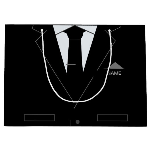 名前をカスタムする抱き枕と業務用ブラックスーツ ラージペーパーバッグ (正面)