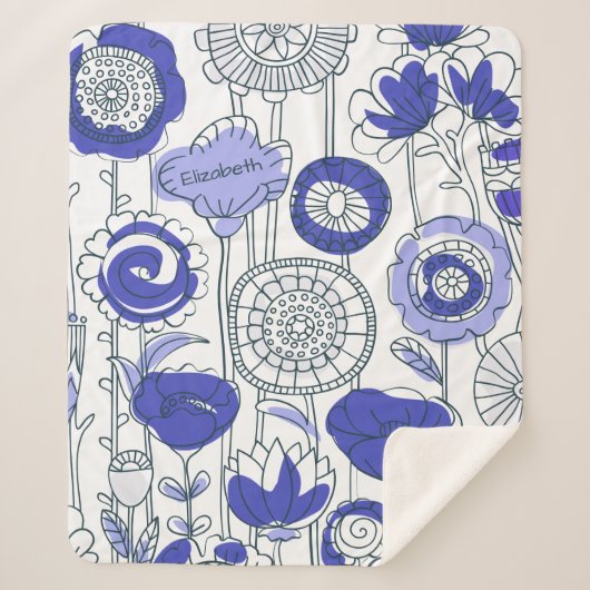 名前をカスタムする抽象芸術フローラブルーパープルアートかわいい シェルパブランケット (正面)