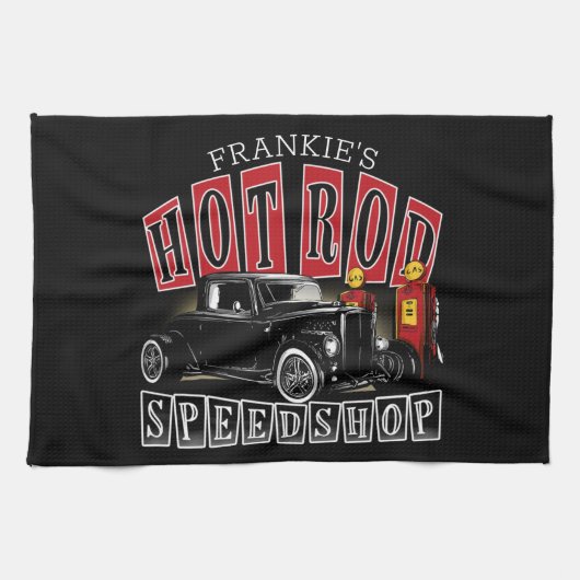 名前をカスタムする改造スピードショップガスステーションガレージ キッチンタオル (横)
