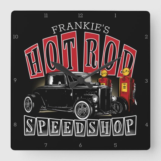 名前をカスタムする改造スピードショップガスステーションガレージ スクエア壁時計 (正面)