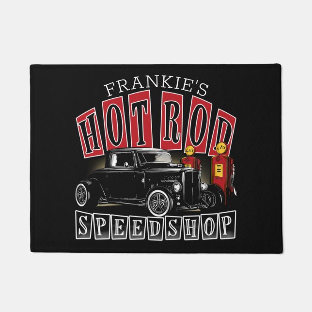 名前をカスタムする改造スピードショップガスステーションガレージ ドアマット (正面)