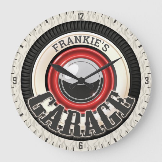 名前をカスタムする改造ホワイトウォールタイヤガレージ ラージ壁時計 (正面)