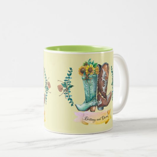 名前をカスタムする新婚素朴カウボーイブーツ  ツートーンマグカップ (正面右)