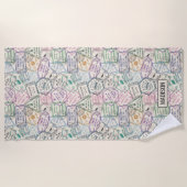 名前をカスタムする旅行切手パターンビーチタオル ビーチタオル (正面)