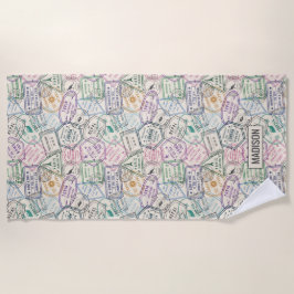 名前をカスタムする旅行切手パターンビーチタオル ビーチタオル