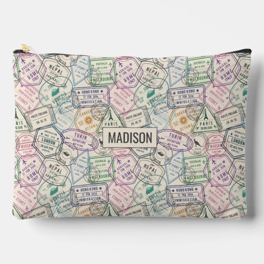 名前をカスタムする旅行切手パターン アクセサリーポーチ (正面)