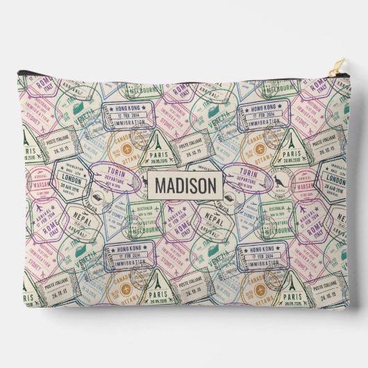 名前をカスタムする旅行切手パターン アクセサリーポーチ (裏面)