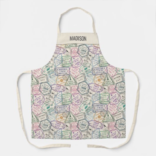 名前をカスタムする旅行切手パターン エプロン (正面)