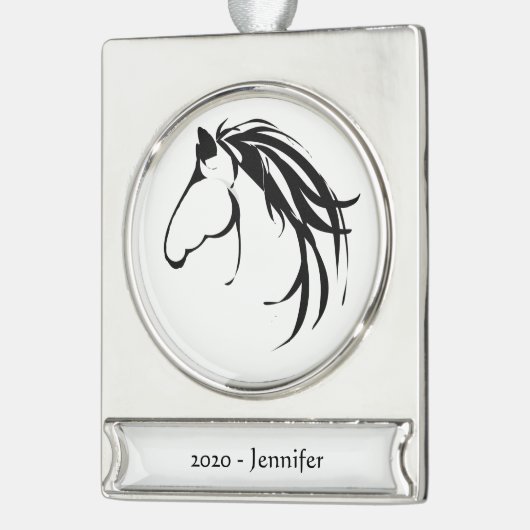 名前をカスタムする日クラシック付け馬頭ロゴブラック シルバープレートバナーオーナメント (左)