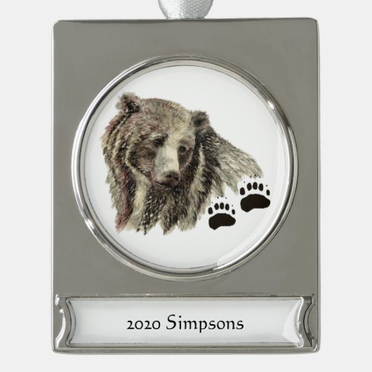名前をカスタムする日付ウォーターカラーグリズリーベア動物 シルバープレートバナーオーナメント (正面)