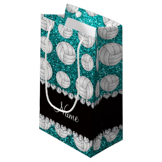 名前をカスタムする明るいアクアグリッターバレーボール スモールペーパーバッグ (正面アングル)