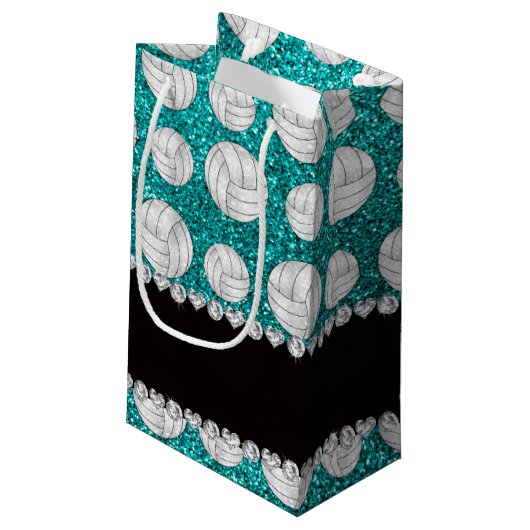 名前をカスタムする明るいアクアグリッターバレーボール スモールペーパーバッグ (裏面アングル)