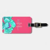 名前をカスタムする明るい赤紫色とティール(緑がかった色)ポピー花の水色 ラゲッジタグ (正面横)