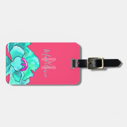 名前をカスタムする明るい赤紫色とティール（緑がかった色）ポピー花の水色 ラゲッジタグ (正面横)