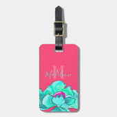 名前をカスタムする明るい赤紫色とティール（緑がかった色）ポピー花の水色 ラゲッジタグ (正面縦)