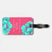 名前をカスタムする明るい赤紫色とティール(緑がかった色)ポピー花の水色 ラゲッジタグ (裏面横)