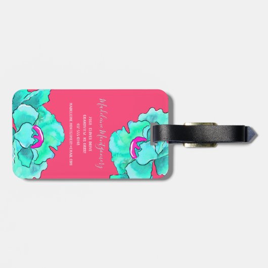 名前をカスタムする明るい赤紫色とティール(緑がかった色)ポピー花の水色 ラゲッジタグ (裏面横)