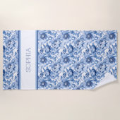 名前をカスタムする植物性ブルーフローラデリケートな花 ビーチタオル (正面)