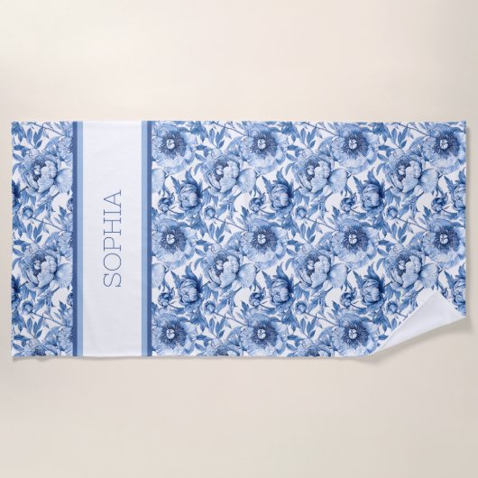 名前をカスタムする植物性ブルーフローラデリケートな花 ビーチタオル (正面)