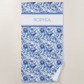 名前をカスタムする植物性ブルーフローラデリケートな花 ビーチタオル (正面)