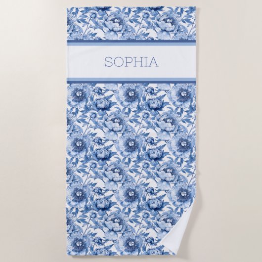 名前をカスタムする植物性ブルーフローラデリケートな花 ビーチタオル (正面)