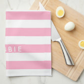 名前をカスタムする横ストライプピンクと白 キッチンタオル (四つ折り)