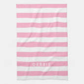 名前をカスタムする横ストライプピンクと白 キッチンタオル (縦)