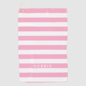 名前をカスタムする横ストライプピンクと白 ゴルフタオル (正面)