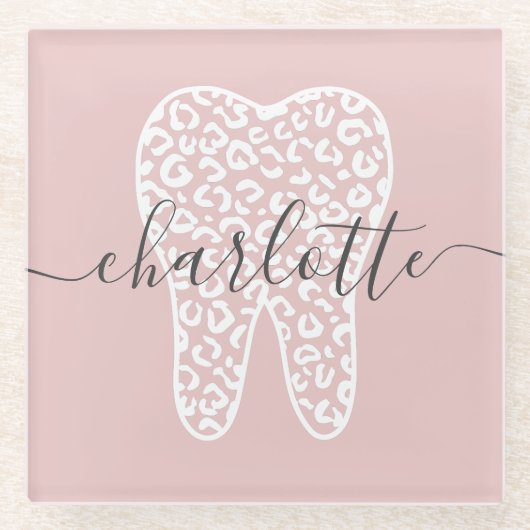 名前をカスタムする歯科用ヒョウ柄歯のギフト ガラスコースター (正面)
