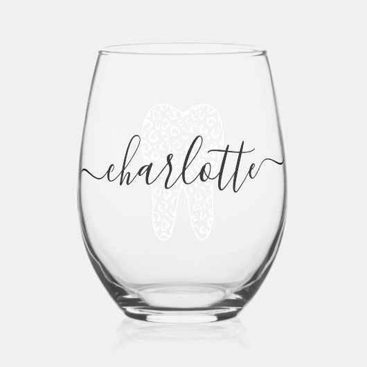 名前をカスタムする歯科用レオパード印歯ギフト ステムなしワイングラス (正面)