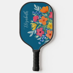 名前をカスタムする水カラー花模様オンティール（緑がかった色） ピックルボールラケット