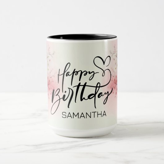 名前をカスタムする水彩ピンクハッピーバースデーマグカップ マグカップ (中央)