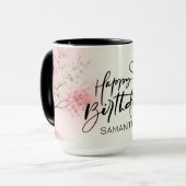 名前をカスタムする水彩ピンクハッピーバースデーマグカップ マグカップ (正面左)