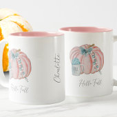 名前をカスタムする水彩ブルーピンクカボチャ秋 ツートーンマグカップ