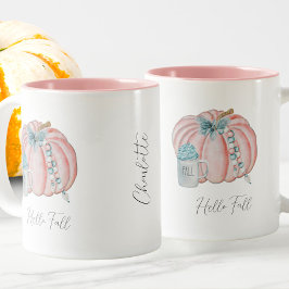 名前をカスタムする水彩ブルーピンクカボチャ秋 ツートーンマグカップ