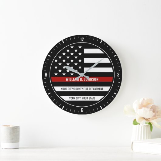 名前をカスタムする消防用薄型レッドライン消防署 ラージ壁時計 (ホーム)