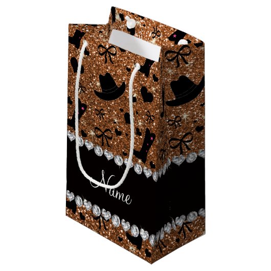名前をカスタムする焦げ金ゴールドグリッターカウボーイブーツ帽 スモールペーパーバッグ (正面アングル)