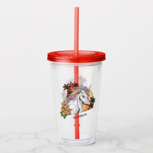 名前をカスタムする熱帯ユニコーン アクリルタンブラー (正面)
