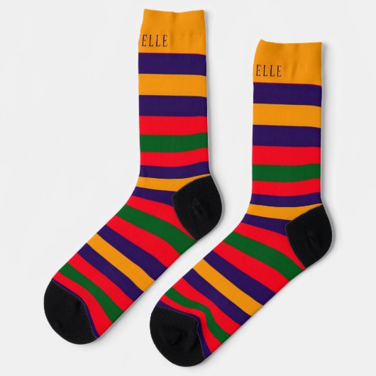 名前をカスタムする用ブルーレッドストライプのグリーン黄 ソックス (左)