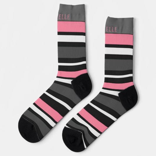 名前をカスタムする用ホワイトピンクブラックストライプのグレー ソックス (左)