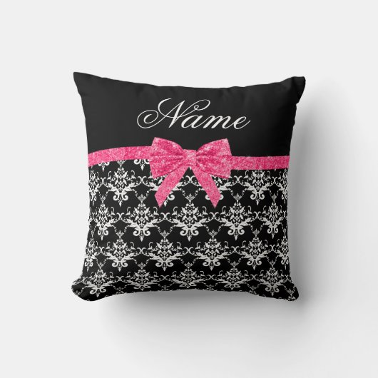 名前をカスタムする白黒ダマスクピンクグリッターボウ クッション (正面)