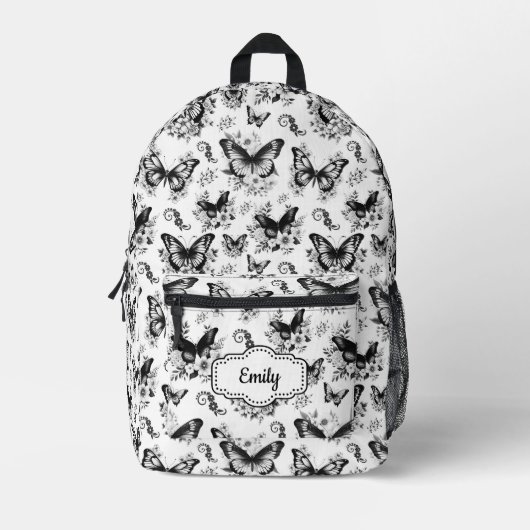 名前をカスタムする白黒バタフライバックパック プリントバックパック (正面)