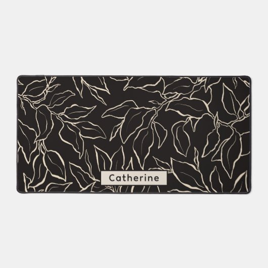 名前をカスタムする白黒ボタニカルホームオフィス デスクマット (正面)